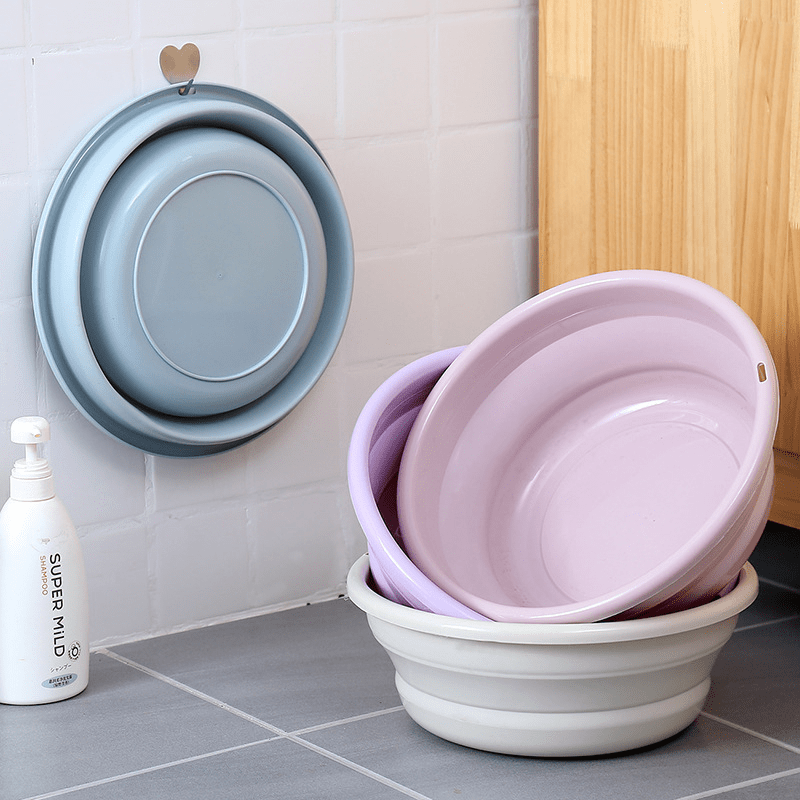 1pc Foldable Plastic Basin, Household Portable Student Dormitory Travel Laundry Thickened Wash Basin, Bathroom Accessories Laundry Room Accessories Fabric Shower Curtain Washable