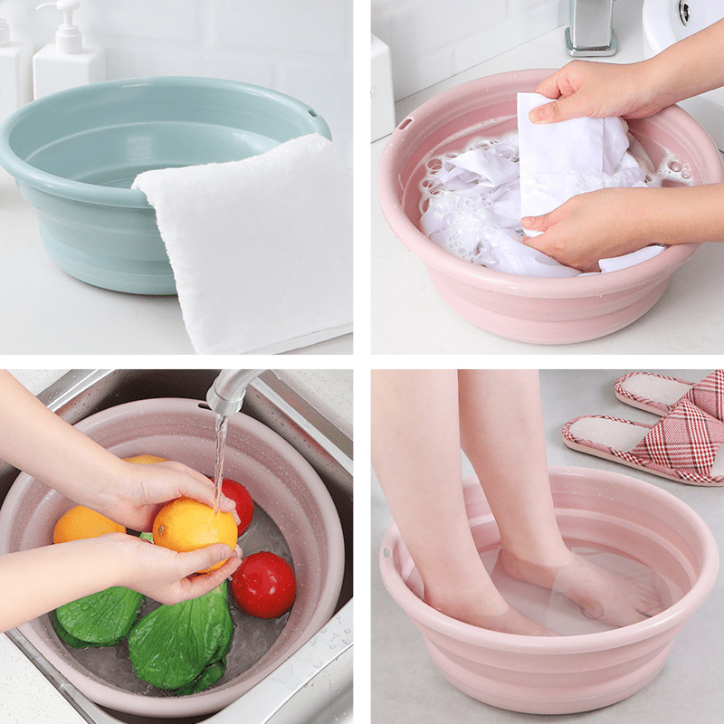 1pc Foldable Plastic Basin, Household Portable Student Dormitory Travel Laundry Thickened Wash Basin, Bathroom Accessories Laundry Room Accessories Fabric Shower Curtain Washable