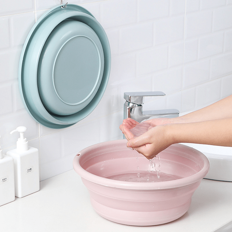 1pc Foldable Plastic Basin, Household Portable Student Dormitory Travel Laundry Thickened Wash Basin, Bathroom Accessories Laundry Room Accessories Fabric Shower Curtain Washable