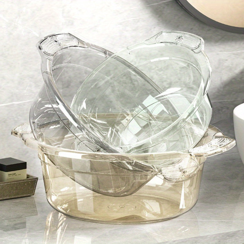Large Clear Modern Round Wash Basin - Durable Thick Plastic for Bathroom, Kitchen & Outdoor Use - Versatile Face, Sock, and Laundry Sink with Drainage Spout