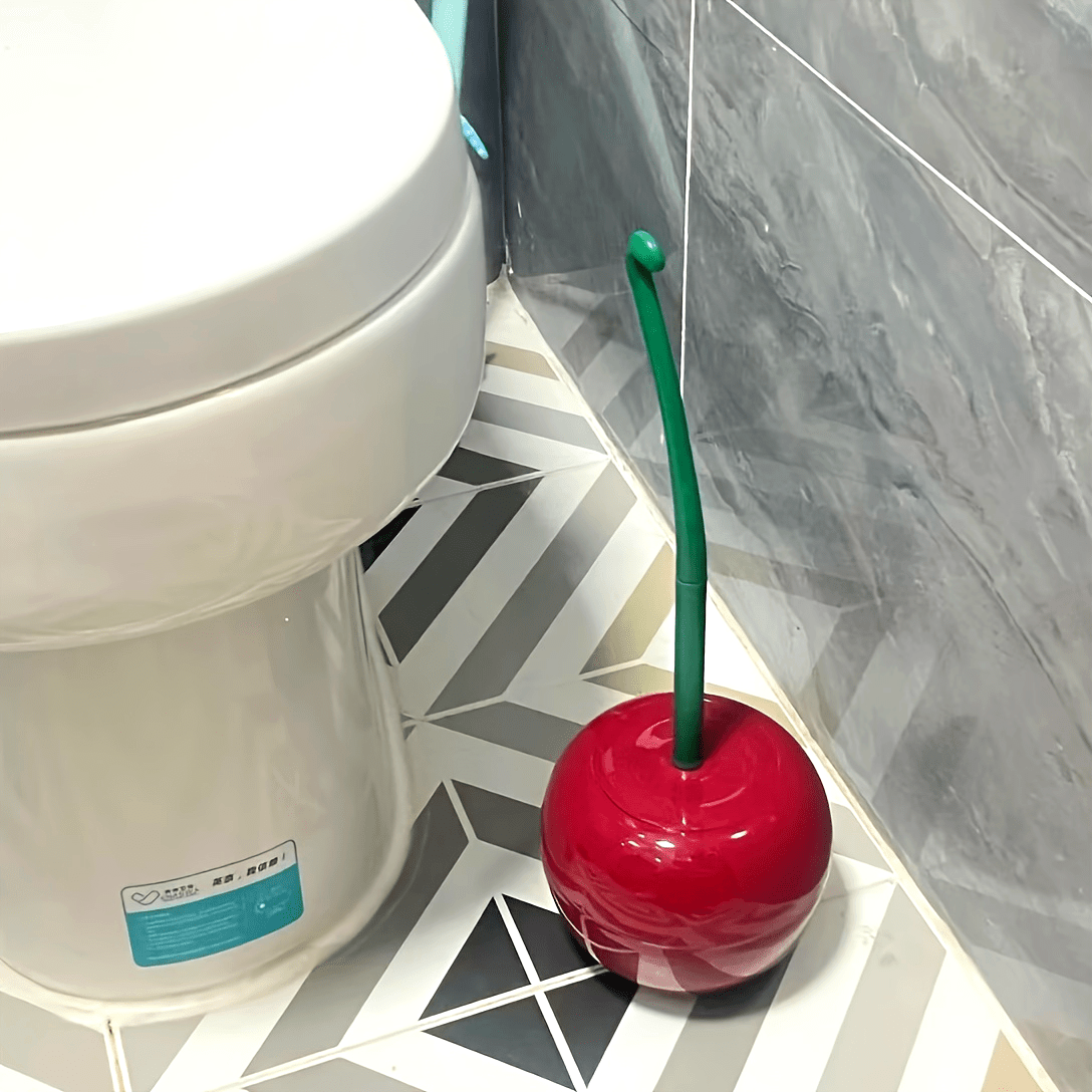 1pc Novelty Cherry-Shaped Toilet Brush with Holder, Creative Plastic Bathroom Accessory, Reusable Freestanding Toilet Brush with Multiple Components
