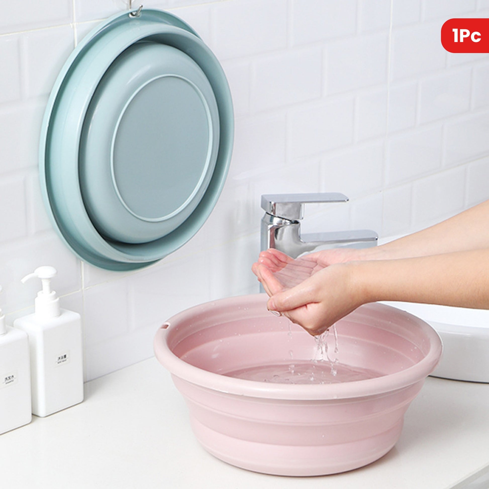 1pc Foldable Plastic Basin, Household Portable Student Dormitory Travel Laundry Thickened Wash Basin, Bathroom Accessories Laundry Room Accessories Fabric Shower Curtain Washable