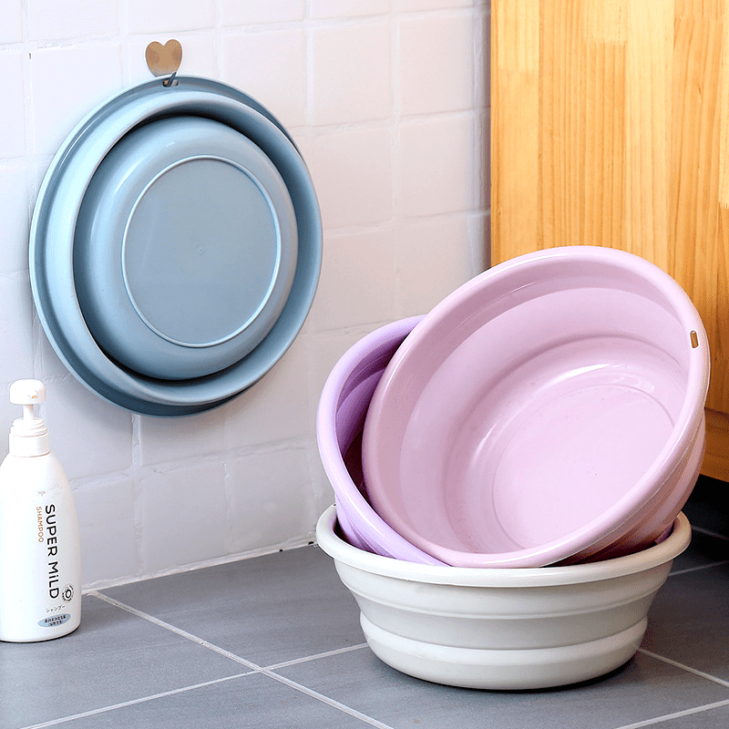 1pc Foldable Plastic Basin, Household Portable Student Dormitory Travel Laundry Thickened Wash Basin, Bathroom Accessories Laundry Room Accessories Fabric Shower Curtain Washable