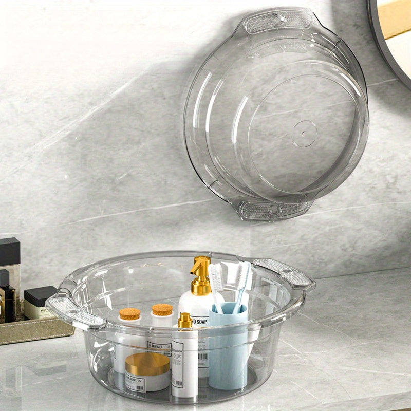 Large Clear Modern Round Wash Basin - Durable Thick Plastic for Bathroom, Kitchen & Outdoor Use - Versatile Face, Sock, and Laundry Sink with Drainage Spout