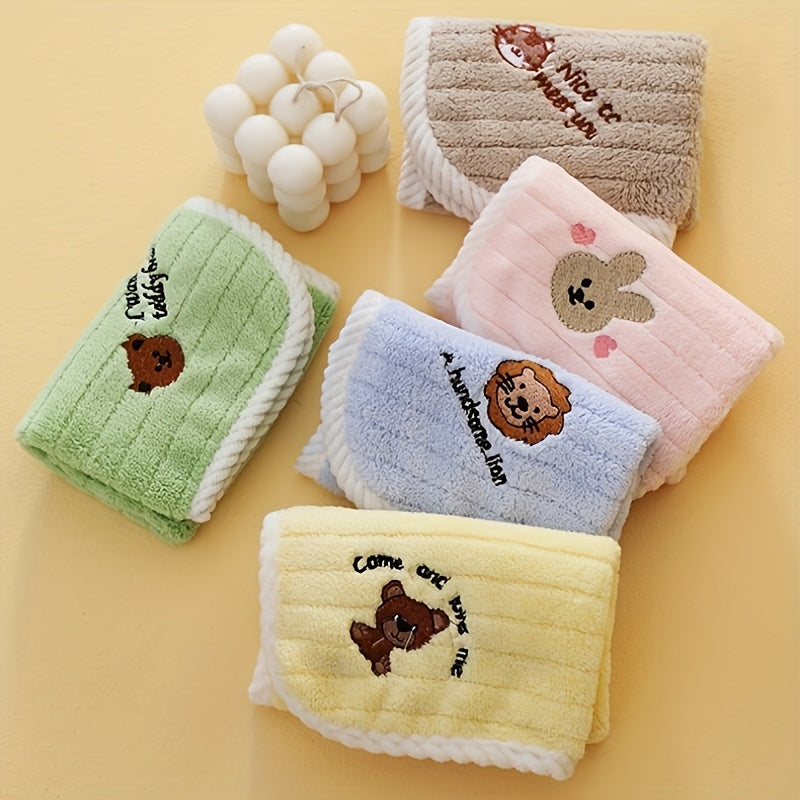 5pcs Coral Fleece Baby & Toddler Soft Absorbent Square Towels - Cute Animal Designs (Bear, Rabbit, Piglet) with Inspirational Quotes, Mixed Pastel Colors for Infants, Nursery & Travel, Travel Baby Towels | Decorative Baby Item | Soothing Baby Colors