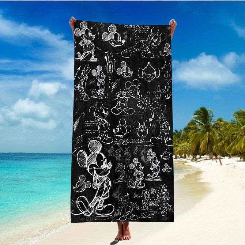 1pc Disney Mickey Mouse Beach Towel - Quick-Dry Absorbent Polyester, Soft Yoga Travel Swimming Fitness Camping Towel with Black & White Line Art Design, Hand Wash Only, Beach Blanket