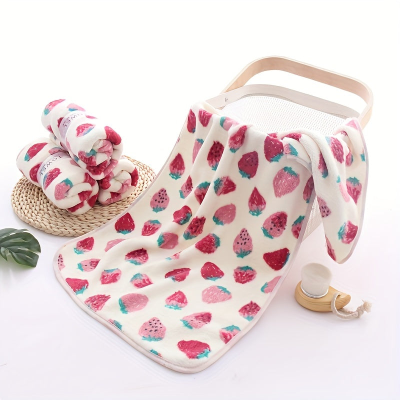 1 Set Little Strawberry Cartoon Bath Towel Set, Super Absorbent Fast Drying, 300 GSM, 89% Polyester 11% Nylon Knitted Fabric, Handtowel