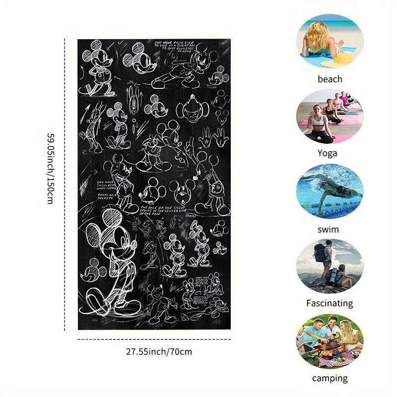 1pc Disney Mickey Mouse Beach Towel - Quick-Dry Absorbent Polyester, Soft Yoga Travel Swimming Fitness Camping Towel with Black & White Line Art Design, Hand Wash Only, Beach Blanket