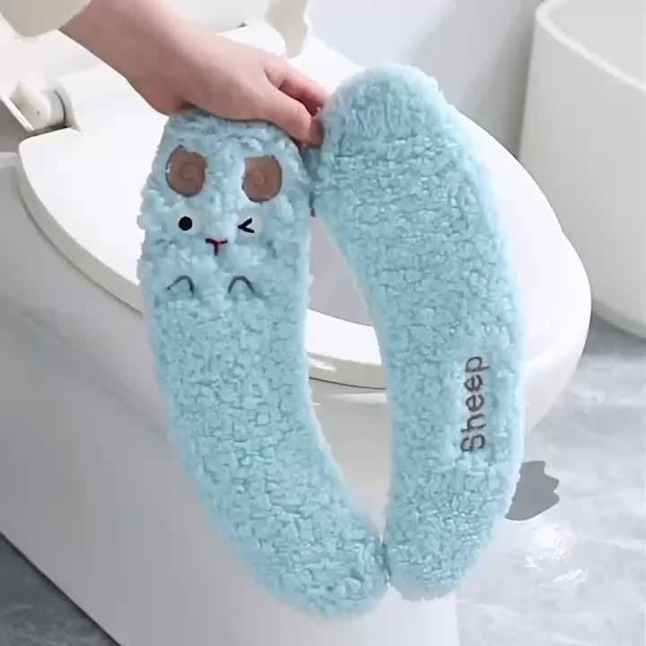 1 Pair of Plush Sheep-Shaped Toilet Seat Covers - Thick, Warm, Aseptic, All-Season Comfort, Soft Polyester, Hand-Washable with Adhesive Backing - Cute Bathroom Accessory