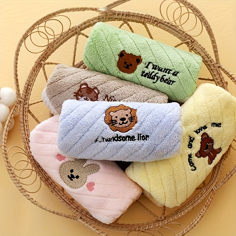 5pcs Coral Fleece Baby & Toddler Soft Absorbent Square Towels - Cute Animal Designs (Bear, Rabbit, Piglet) with Inspirational Quotes, Mixed Pastel Colors for Infants, Nursery & Travel, Travel Baby Towels | Decorative Baby Item | Soothing Baby Colors