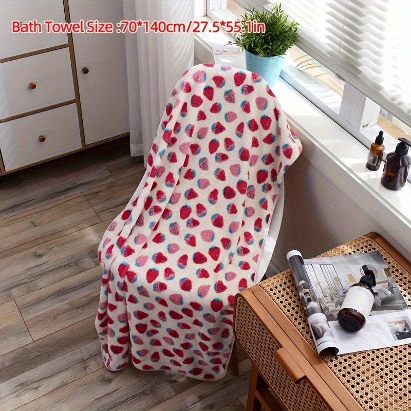 1 Set Little Strawberry Cartoon Bath Towel Set, Super Absorbent Fast Drying, 300 GSM, 89% Polyester 11% Nylon Knitted Fabric, Handtowel